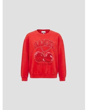 Ganni Wash-Effect Crewneck Sweatshirt - Red