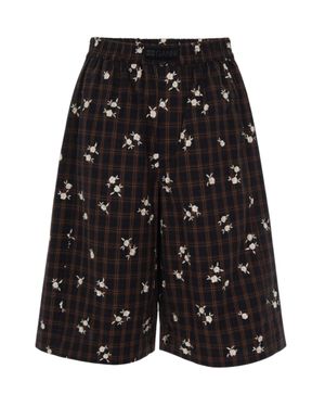 Ganni Floral Plaid Wide-Leg Shorts - Black