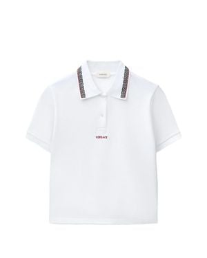 Versace Medusa Emblem Embroidered Polo Shirt With Greek Motif, Three-Button Closure & Ribbed Trim - White