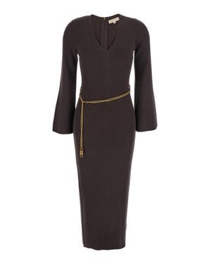 MICHAEL Michael Kors V-Neck Wool-Blend Stretch Dress With Chain Belt And Logo Plaque - Black
