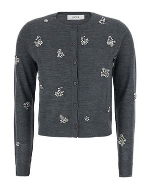 Jucca Wool Cardigan With Floral Bead Appliqué And Button Front - Blue