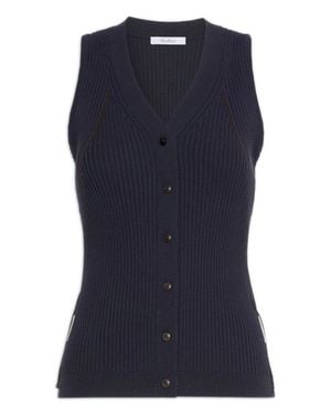 Max Mara Cotton-Viscose Crepe Ribbed Knit Vest With V-Neck And Button Front - Blue