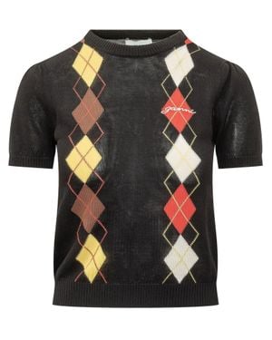 Ganni Cotton Argyle T-Shirt - Black