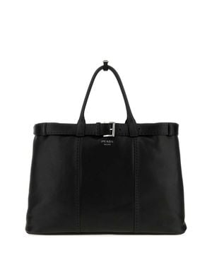 Prada Buckle Leather Large Handbag - Black