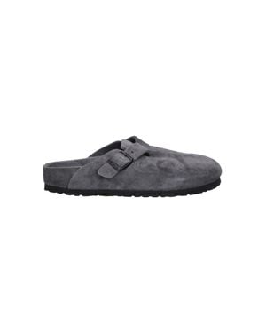 Birkenstock Suede Clog Mule With Buckle Strap - Gray