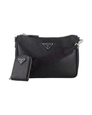 Prada Triangle Logo Saffiano Shoulder Bag - Black
