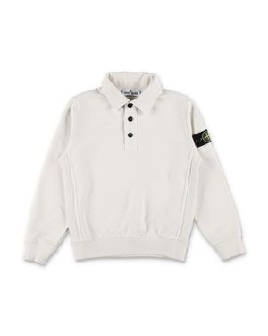 Stone Island Junior-Style Polo Collar Fleece Sweatshirt With Detachable Compass Badge - White