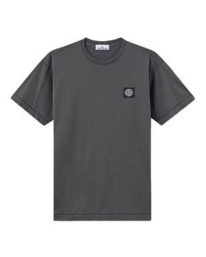 Stone Island Ribbed Crewneck T-Shirt With Compass Patch And Chain Stitching - Gray