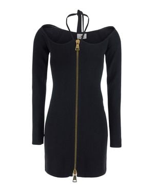 Elisabetta Franchi Mini Dress With Front Zip And Adjustable Neck Tie - Black