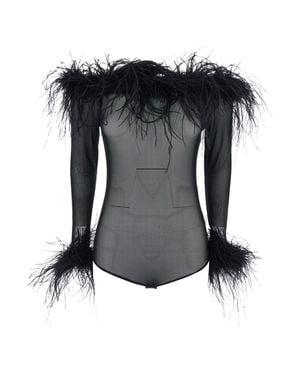 Twentyfourhaitch Top With Boat Neck And Feathers - Black