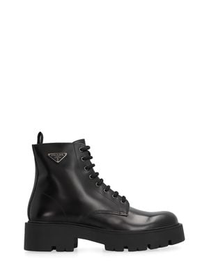 Prada Leather Lace-Up Boots - Black