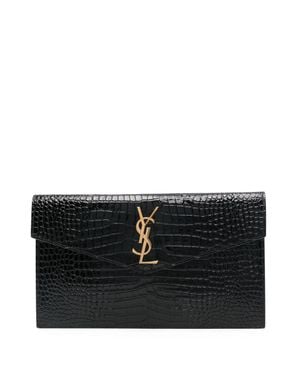 Saint Laurent Crocodile-Embossed Shiny Leather Mini Clutch Bag (27 X 16 X 2 Cm) With-Tone Hardware - Black