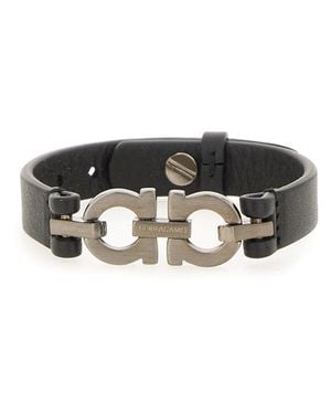 Ferragamo Bracelet Double Gancini Leather Calf Bracelets - Black
