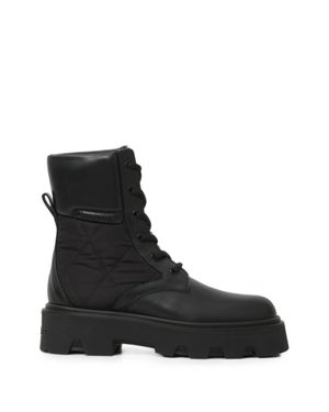 Moncler Leather Ankle Boots With Quilted Nylon Inserts And Lace-Up Closure - Black