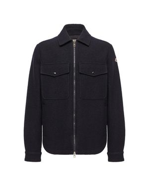Moncler Virgin Wool Collared Jacket With Zipper, Chest And Side Pockets - Blue