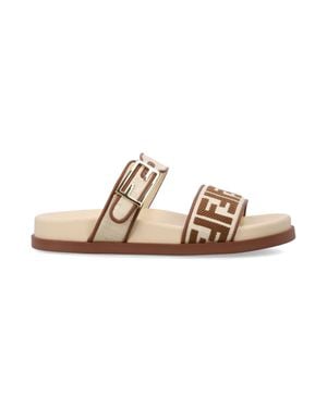 Fendi Feel Raffia-Effect Double-Band Flat Sandals With Ff Handbaguette Buckle - Metallic