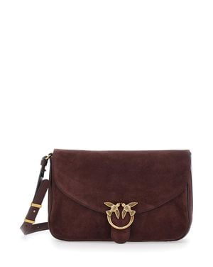 Pinko Love Satchel Classic Suede Shoulder Handbag With Front Flap And Metallic Logo - Purple