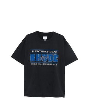 Rhude Cotton Crewneck T-Shirt With Printed Front Panel - Blue
