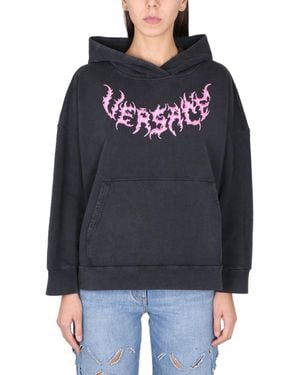 Versace Logo-Print Cotton Hoodie - Gray