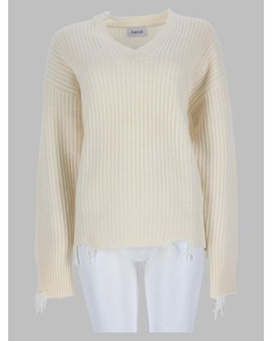 AMISH Fringed V-Neck Ribbed Sweater - White