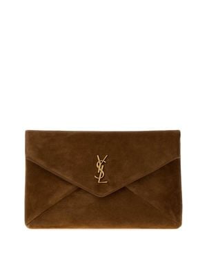 Saint Laurent Suede Large Envelope Clutch - Brown