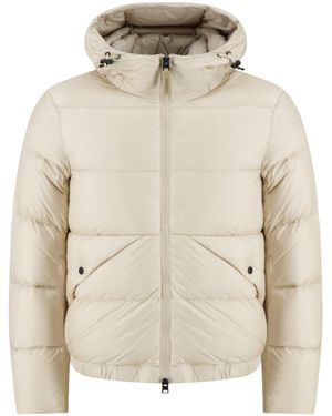 Woolrich Striped Quilted Hooded Jacket With Drawstring, Concealed Two-Way Zipper & Stretch Cuffs - Natural