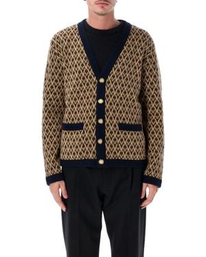 Valentino Garavani Toute The V Jacquard Wool Cardigan With V-Neck & -Tone Buttons - Black
