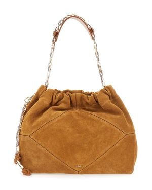 Ba&sh Suede Shoulder Handbag With Chain Strap And Front Diamond Cutouts, Ruched Top Detail 31X16X12 Cm - Brown