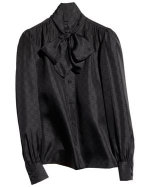 Gucci Silk Allover Gg Print Self-Tie Bow Shirt With Buttoned Cuffs - Black