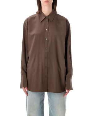 TOTEME Relaxed Silk Crepe Shirt With Pointed Collar And Curved Hem - Brown