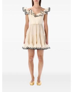 Zimmermann Structured Bodice Mini Dress With Frilled V-Wire Bust, Boning & Removable Bow Belt - Natural