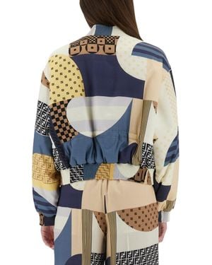 Fendi Reversible Patchwork Silk Bomber Jacket - Blue