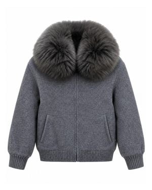 Yves Salomon Wool Bomber Jacket With Fox Fur Trim, Welt Pockets & Ribbed Cuffs - Gray