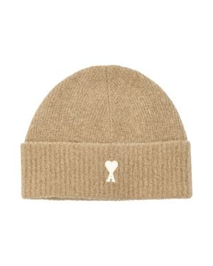 Ami Paris Wool-Blend Beanie Hat With Logo Patch - Natural