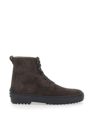 Tod's Leather Ankle Boots With Rubber Sole And Side Zip - Brown
