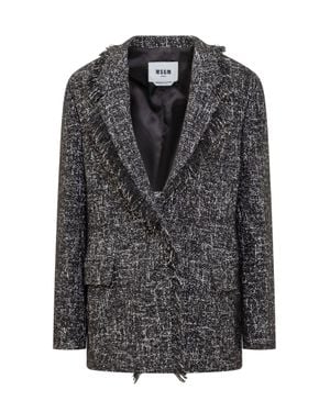 MSGM Tweed Blazer With Fringed Detail - Black