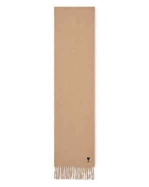 Ami Paris Wool Scarf With Fringes (190 Cm X 25 Cm) - Natural