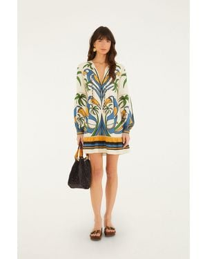 FARM Rio Mini Dress With All-Over Print V-Neck Lace-Up & Button Cuff Sleeves - Multicolor