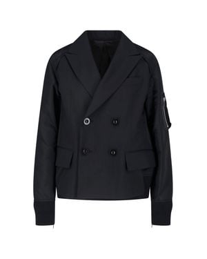 Sacai Double-Breasted Nylon Twill Blazer With Zippered Details - Black