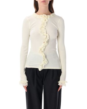 OperaSPORT Lace Trim Ribbed Long Sleeve Top - White