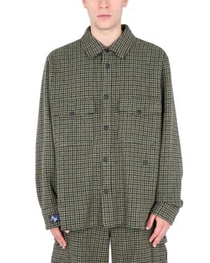MSGM Checkered Wool Shirt With Classic Collar - Green