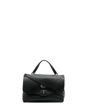Zanellato Leather Grained Texture Foldover Top Handbag With Adjustable Strap - Black