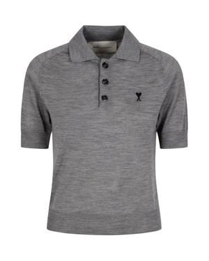 Ami Paris Logo Embroidered Knitted Polo Top - Gray