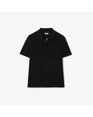 Burberry Lightweight Cotton Piqué Polo With Concealed Check Placket And Equestrian Knight Embroidery, Classic Fit - Black