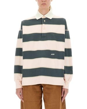 Autry Horizontal Striped Long-Sleeved Polo Shirt - Gray