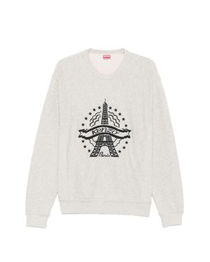 KENZO Embroidered Cotton Sweater With Ribbed Side Panels And V-Collar Insert - White