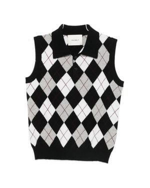 Lisa Yang Sleeveless Cashmere Polo Shirt With Front Buttons And Diamond Print - Black