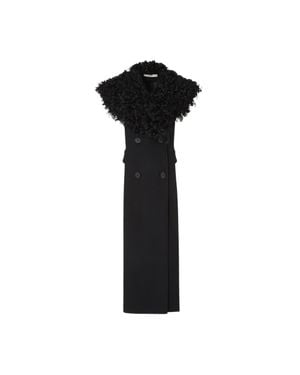 Fendi Sleeveless Double-Breasted Long Coat With Fur Collar - Black