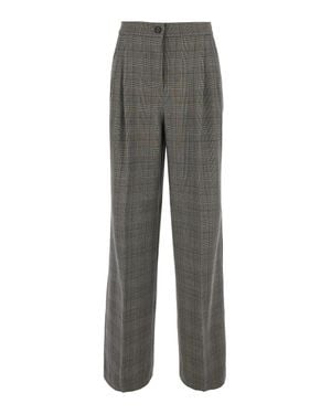 Pinko Logo Patch Straight-Leg Check Wool-Blend Pants With High Waist - Gray