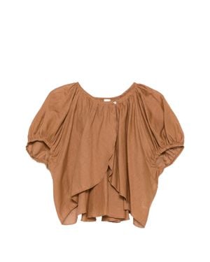 120% Lino Ruffled Sleeve Linen Blouse - Brown